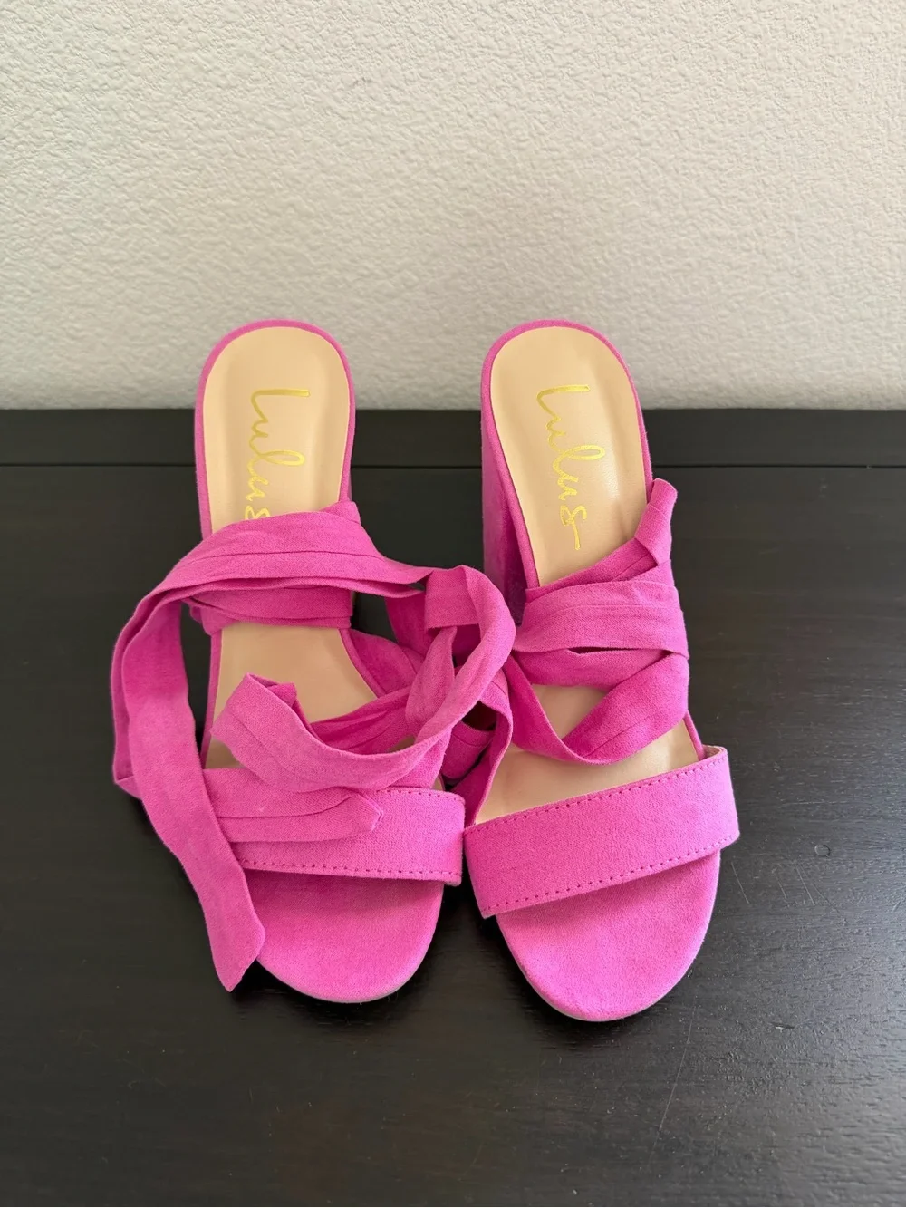 Lulus Orchid Suede Lace Up Block Heel Sandals Size 7.5